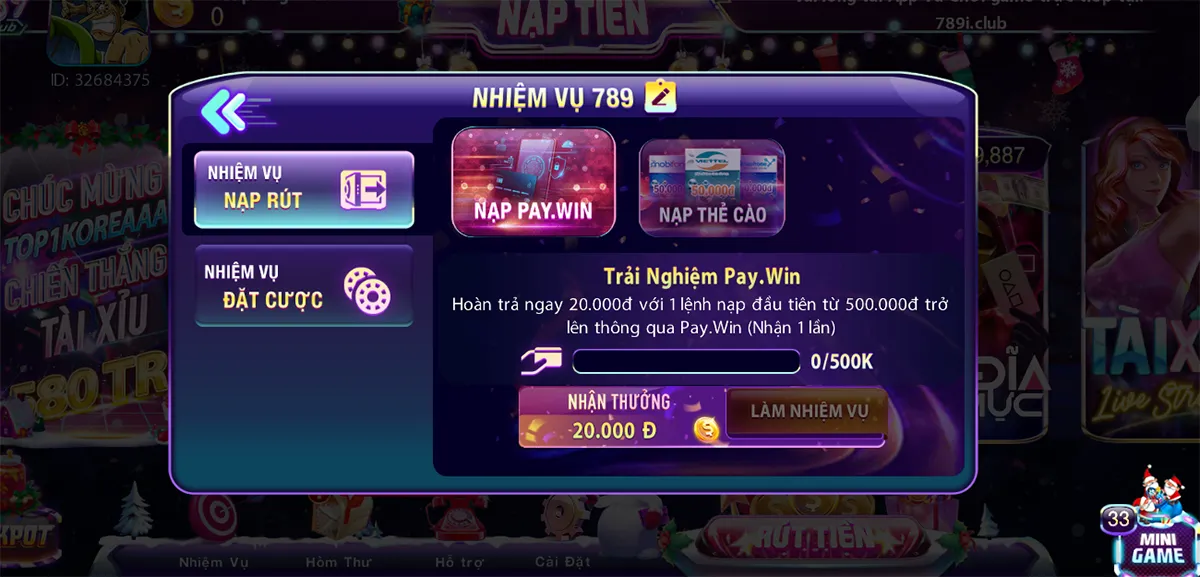 Nhiệm vụ nạp tiền 789Club nhận hoàn trả 20k