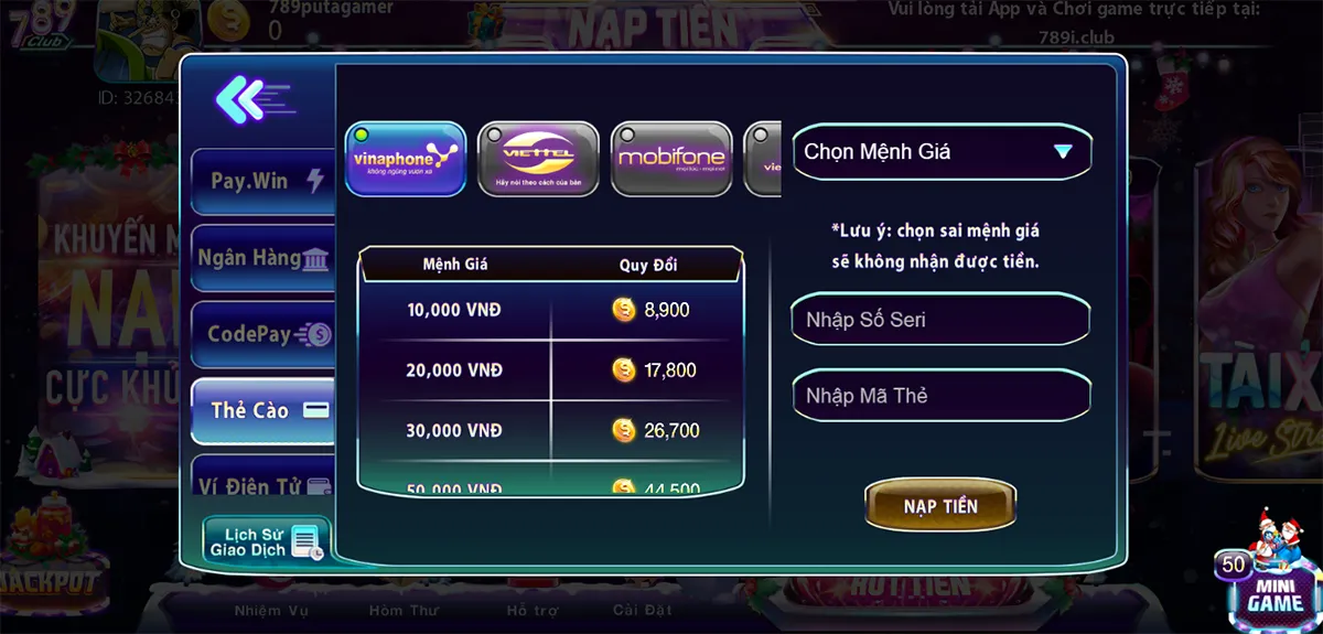 Nạp tiền qua thẻ cào tại Link tai 789 club