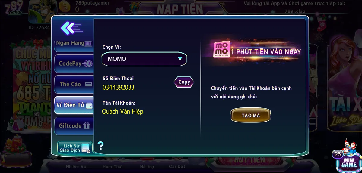 Nạp tiền qua ví điện tử tại 789 Club 