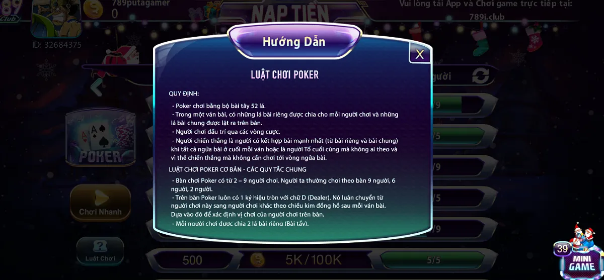 Giao diện hướng dẫn game Poker tại Link tai 789 club